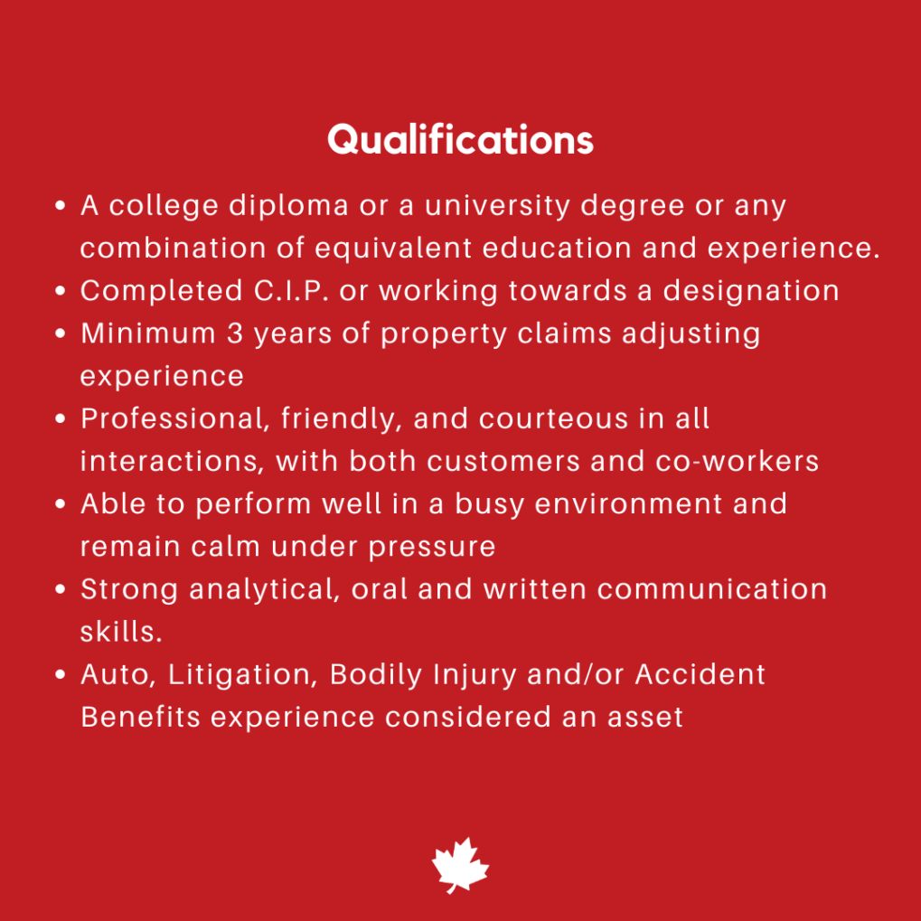 We are Hiring Senior Property Adjuster Maple Mutual Insurance